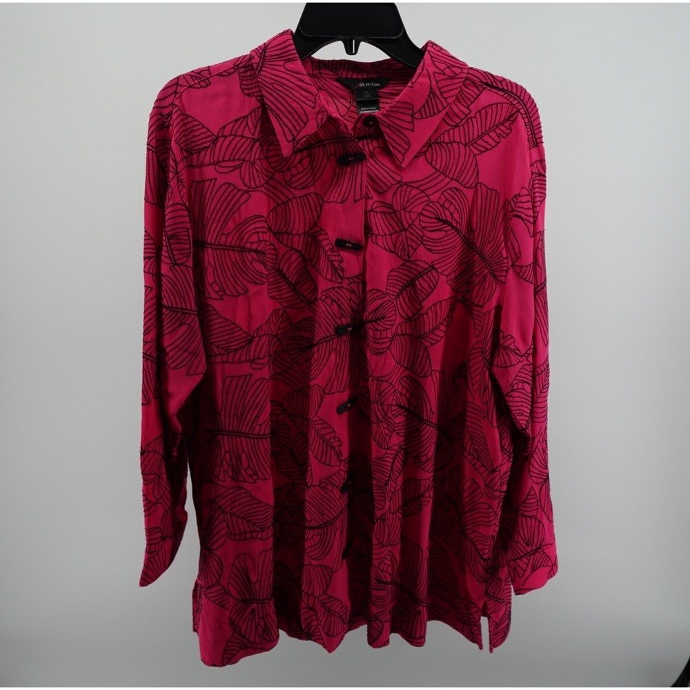 Ali Miles Womens XL Pink Black Leaf Print Button Front Toggle Blouse Long Sleeve